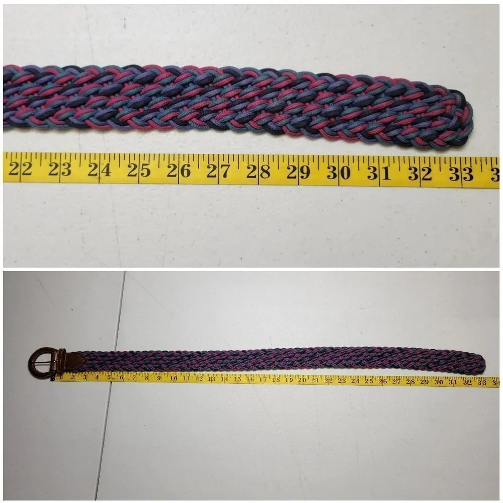 Vintage L.L. Bean Braided Cord Belt Pink Teal Navy Leather Buckle